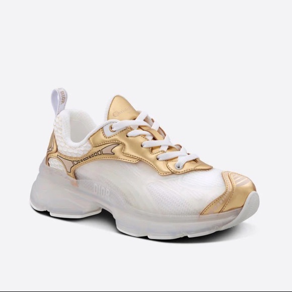 NIB Women’s Authentic Dior Vibe White & Metallic Gold Mesh and Leather Sneakers - Picture 2 of 15